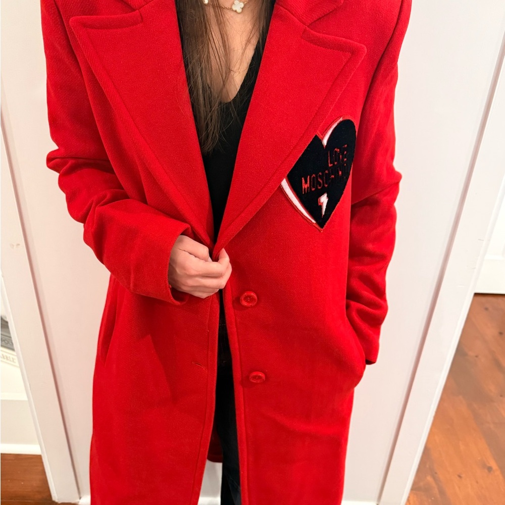 Love Moschino Red Long Trench Coat with Heart Patch